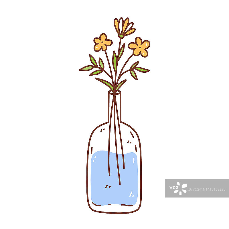 可爱的黄色花朵插在白色背景的玻璃花瓶里。矢量手绘插图在涂鸦风格。完美的卡片，标志，装饰，各种设计。图片素材