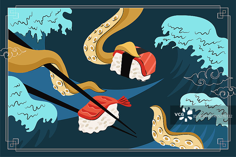 日本料理寿司和生鱼片画海报设计。日本国菜米饭和生鱼虾。乌贼或章鱼的触手在海浪中拿着筷子。海鲜卷吧菜单促销横幅图片素材