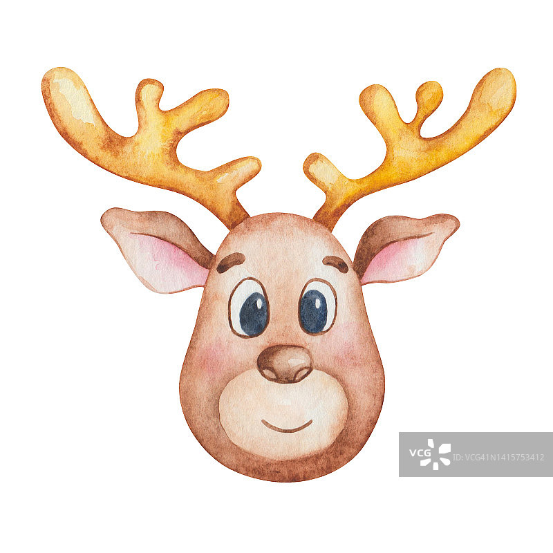 手绘水彩插图的头棕色鹿长黄色，金色的角鹿角。卡通驯鹿。圣诞老人的动物。孤立的剪贴艺术的新年版画，圣诞卡，海报图片素材
