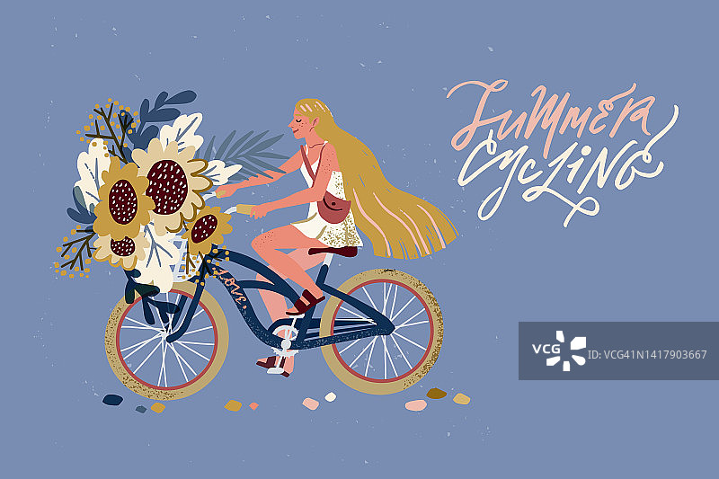 可爱的女自行车手。平面卡通矢量插图。图片素材