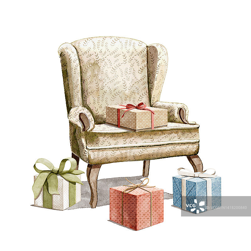 水彩扶手椅与生日礼物礼盒图片素材