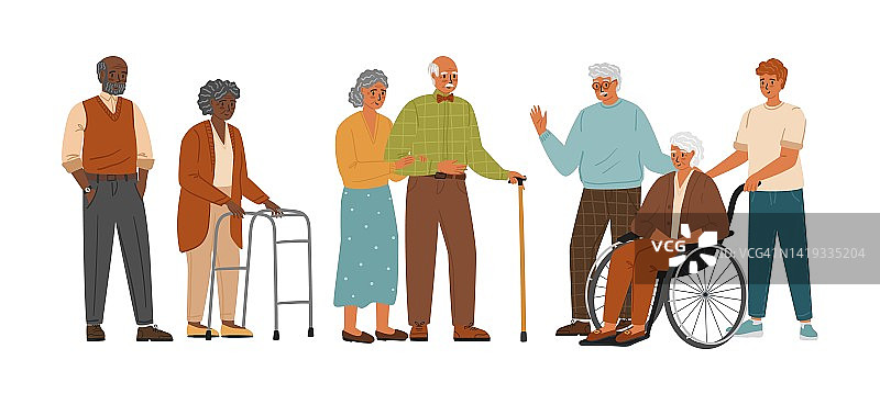 高级人物字符向量集孤立在白色背景。坐轮椅的老妇人，拄着拐杖的老人。老年人社会关怀服务图片素材