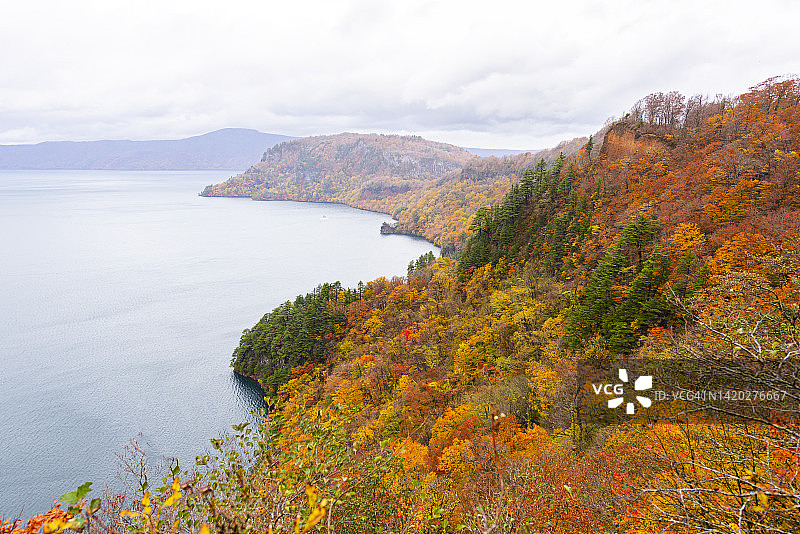 风景如画的枫树在山坡和陶田湖背景在秋天从Kankodai观景台，陶田田，青森，日本图片素材