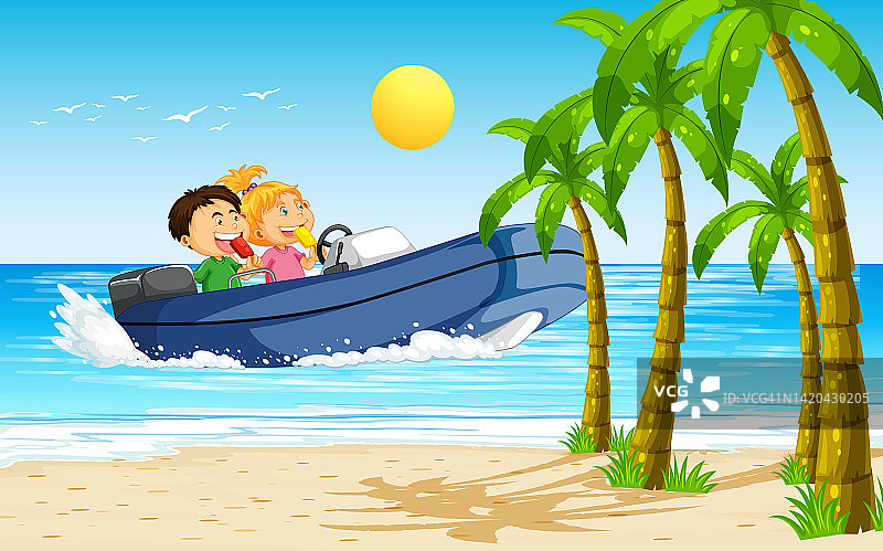 和孩子们在摩托艇上的海滩风景图片素材