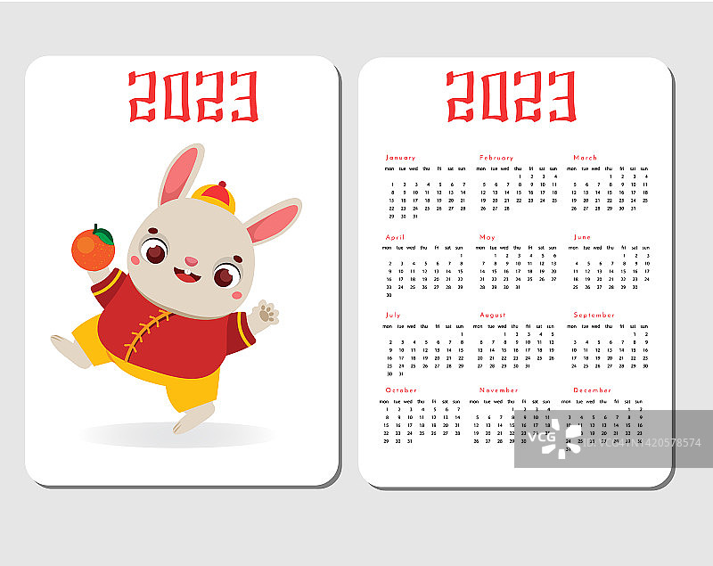 2023年口袋日历兔。中国新年设计，象征生肖，欢快的兔兔图片素材