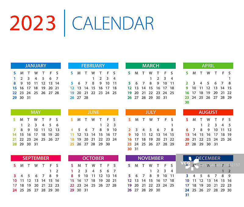 日历2023 -彩色矢量插图。一周从周日开始。图片素材