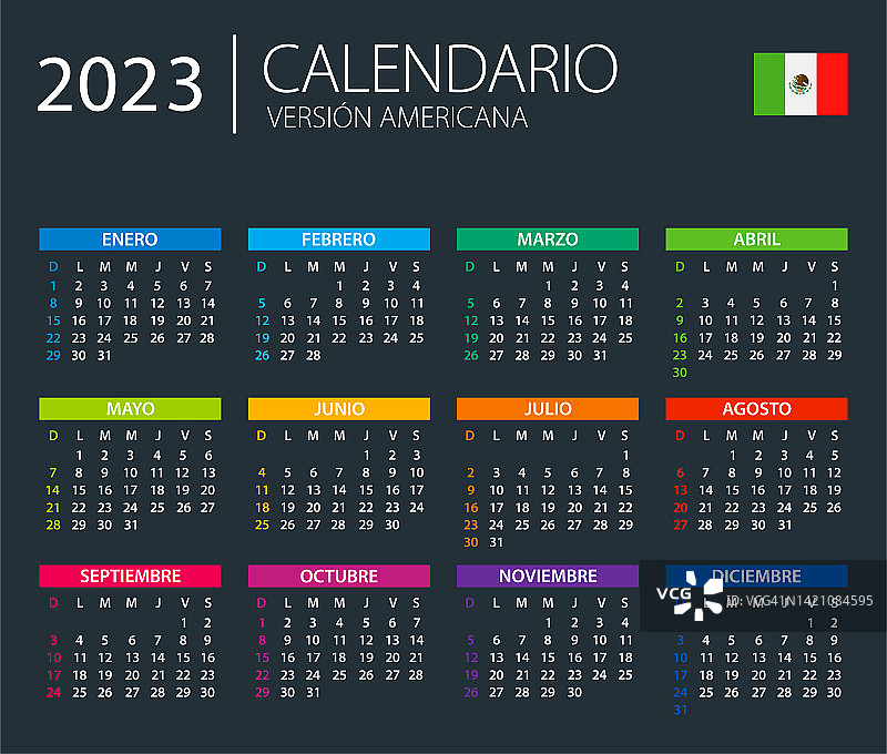 日历2023墨西哥拉丁美洲-彩色矢量插图。西班牙语版本。黑暗的背景。图片素材