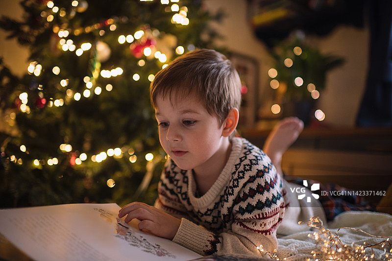 小男孩在圣诞树旁看书图片素材