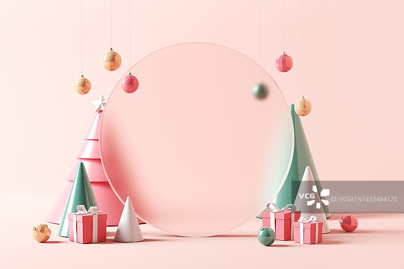 彩色圆背景与小彩球和礼品盒为圣诞装饰节日，复制空间。促销产品的标志图片素材