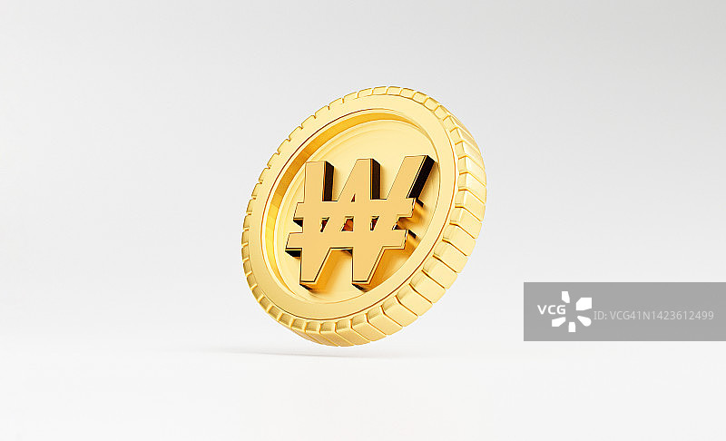 分离的黄金韩国币在白色背景的3d渲染。图片素材