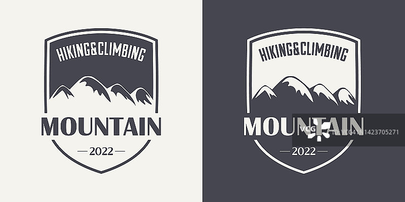 手绘山向量通风口标签。2022。插图为滑雪场，徒步旅行，登山，山地自行车标志集合。绘制冬季景观，露营设计图片素材