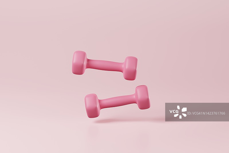 粉色背景上最小的粉色哑铃。举重训练活动，健美运动，日常健身房健身，节食为健康，运动重为健美器材概念。三维渲染图片素材
