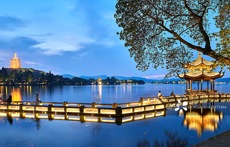 西湖日落美景，杭州，中国图片素材