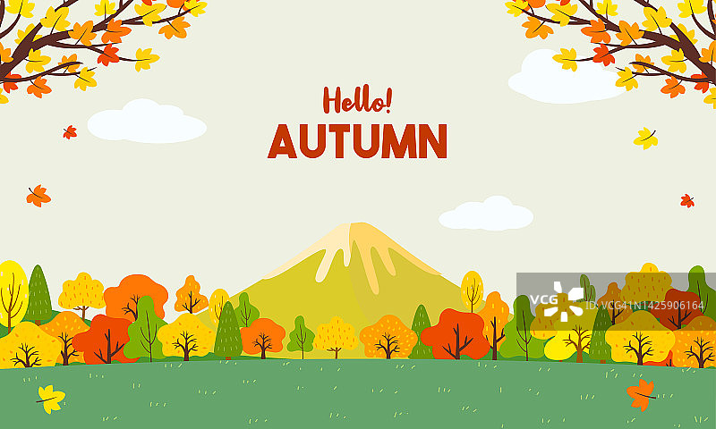 Hello Autumn in Japan背景矢量插图。美丽的秋天风景与富士山图片素材