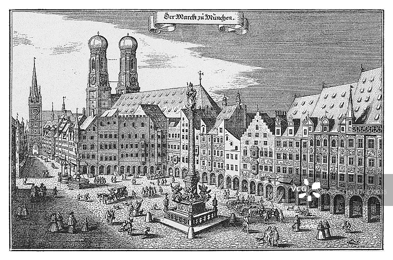 18世纪初慕尼黑市场的古老雕刻插图图片素材
