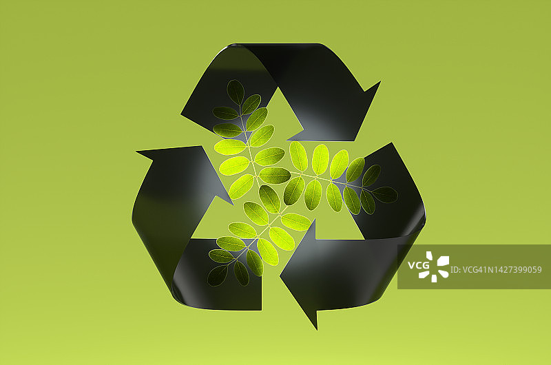 黑色塑料回收符号，绿色背景上的绿色合欢叶子。图片素材