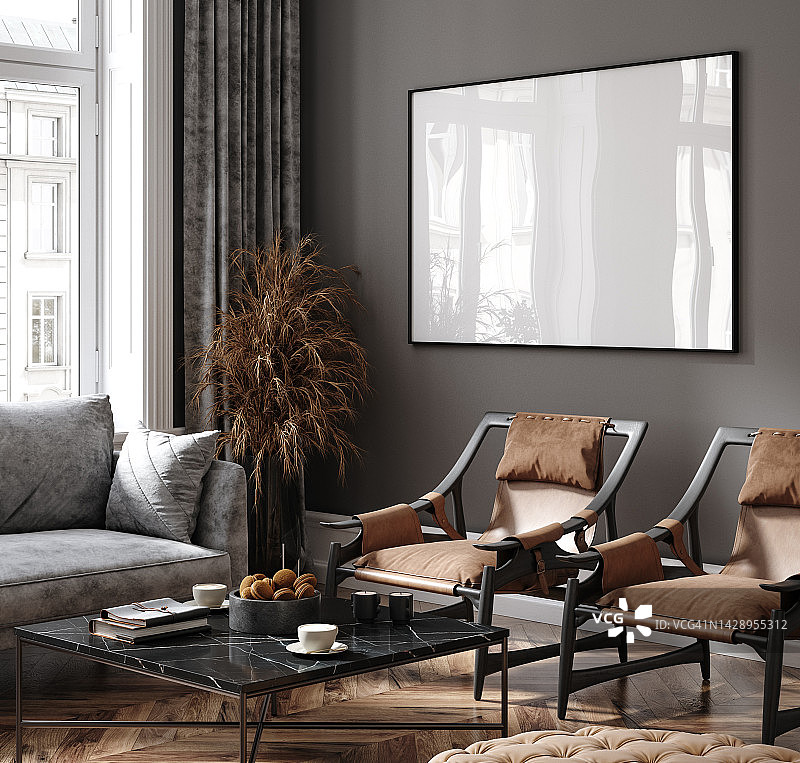 模型海报框架在现代室内，灰色的房间与棕色的装饰图片素材
