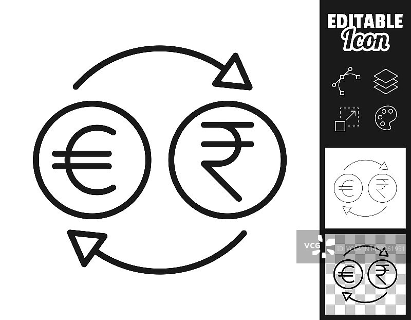 货币兑换-欧元印度卢比。图标设计。轻松地编辑图片素材