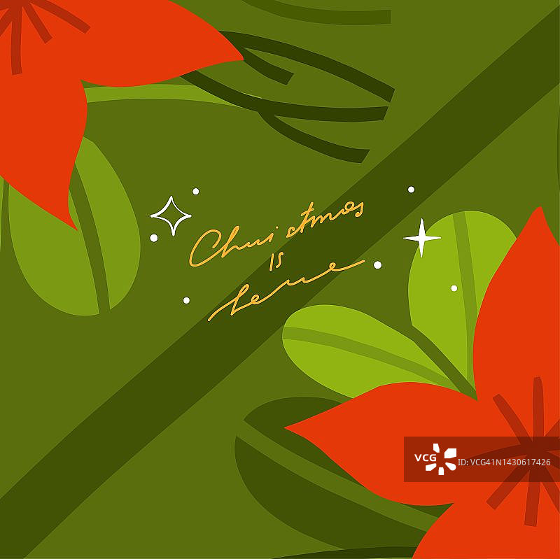手绘矢量抽象图形圣诞快乐和新年快乐剪纸插图贺卡花和树叶。圣诞快乐可爱的碎花卡片设计背景。寒假的艺术。图片素材