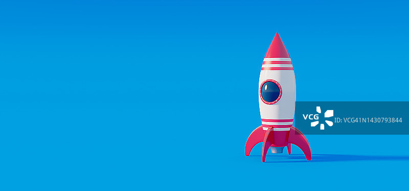蓝色背景的火箭飞船。空间探索概念3d渲染图片素材