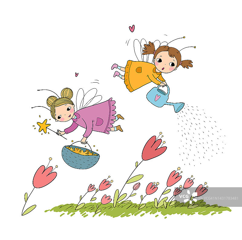 配有可爱的卡通仙女。木精灵。小女孩公主长着翅膀飞过鲜花。有趣的瓢虫。矢量图图片素材