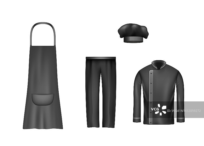 厨师制服黑色裤子，帽子，围裙和夹克逼真的厨师套装为餐厅工作人员图片素材
