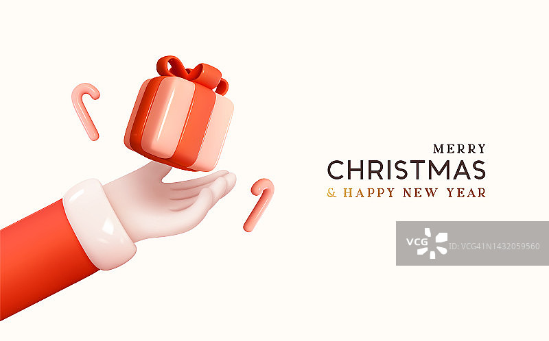 圣诞快乐，新年快乐。逼真的3d设计，圣诞老人的手在掌心拿着粉色礼盒，糖果拐杖下落。圣诞节日横幅，广告网页海报。矢量图图片素材