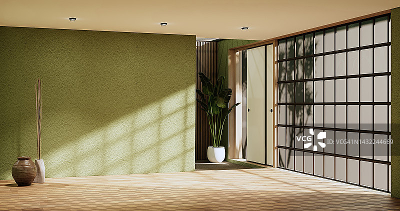 空房间-绿色墙壁上木地板和室内装饰植物。三维渲染图片素材