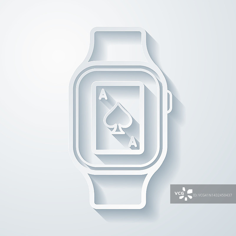 带有扑克牌的智能手表。空白背景上剪纸效果的图标图片素材