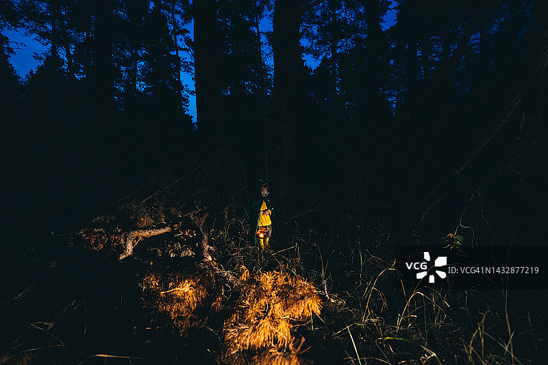 万圣节，一个男孩穿着恐龙服装，提着灯笼，在夜晚的森林里图片素材