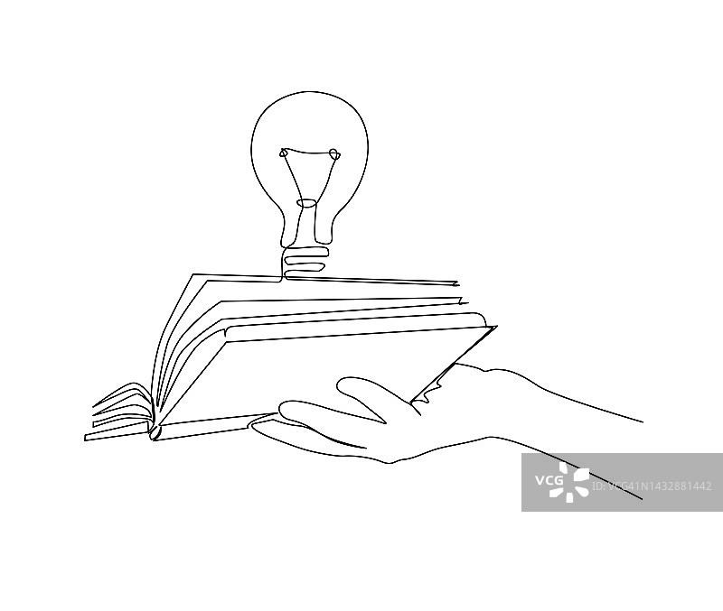手持书的连续单线图，上面有灯泡。聪明的想法来自阅读的概念，拿着书用灯的单线艺术画矢量插画。图片素材