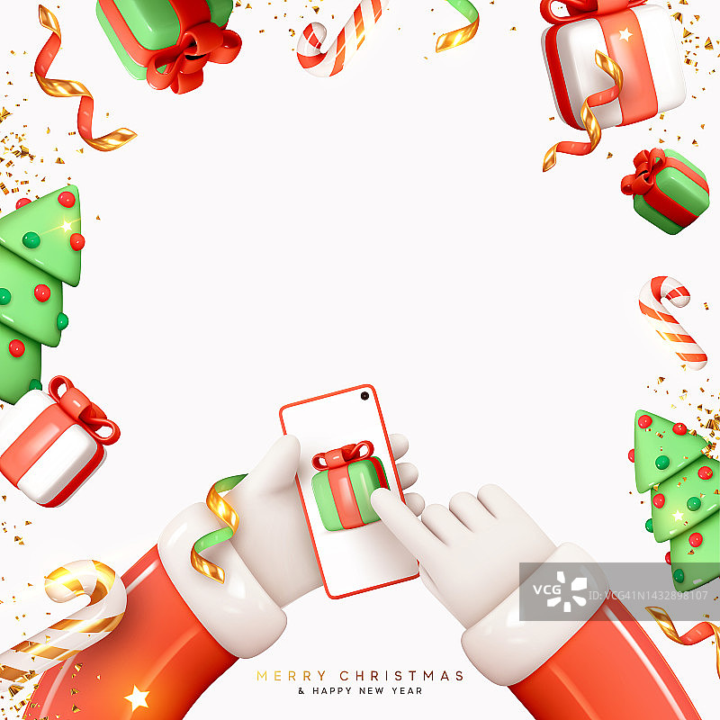 圣诞节的背景。圣诞老人手里拿着手机，智能手机又在屏幕上点击。逼真的3d礼盒，圆锥体绿树。模仿圣诞设计的智能手机。矢量图图片素材