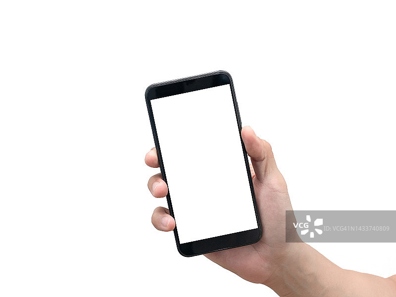 男性手拿智能手机隔离，男性手显示手机白色屏幕图片素材