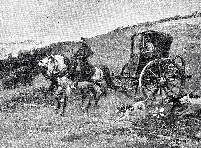 一对夫妇乘马车带着狗旅行图片素材