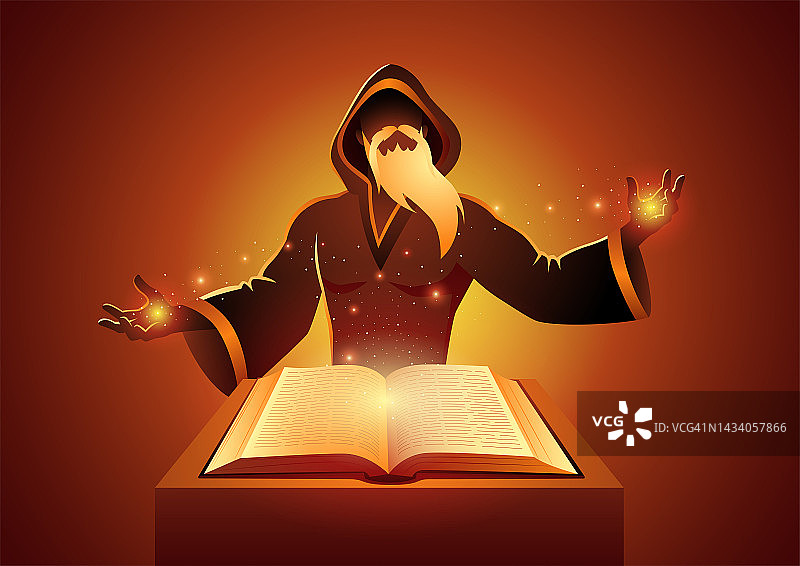 巫师通过阅读咒语书来施展魔法图片素材