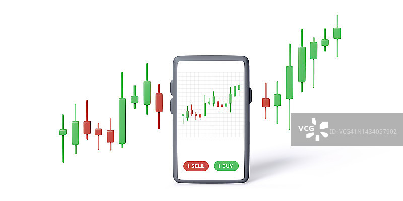 股票交易所智能手机应用程序的烛台图信息显示在屏幕上。移动应用程序在线交易图片素材