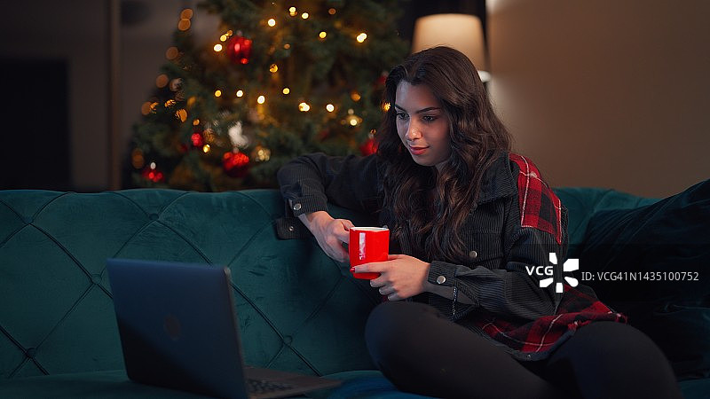 圣诞节期间，年轻女子在家里放松，在客厅使用笔记本电脑图片素材