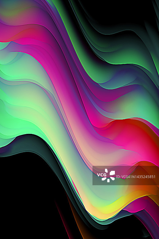 抽象漩涡波魔幻霓虹粉绿色透明丝带线在黑色背景。能量流图片素材