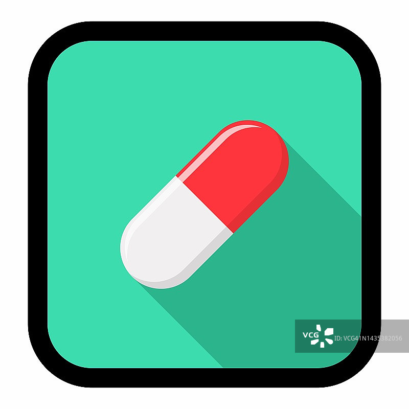 红色药丸胶囊，药物，矢量标记符号绿色样式。黑色的行程设计。孤立的图标。图片素材