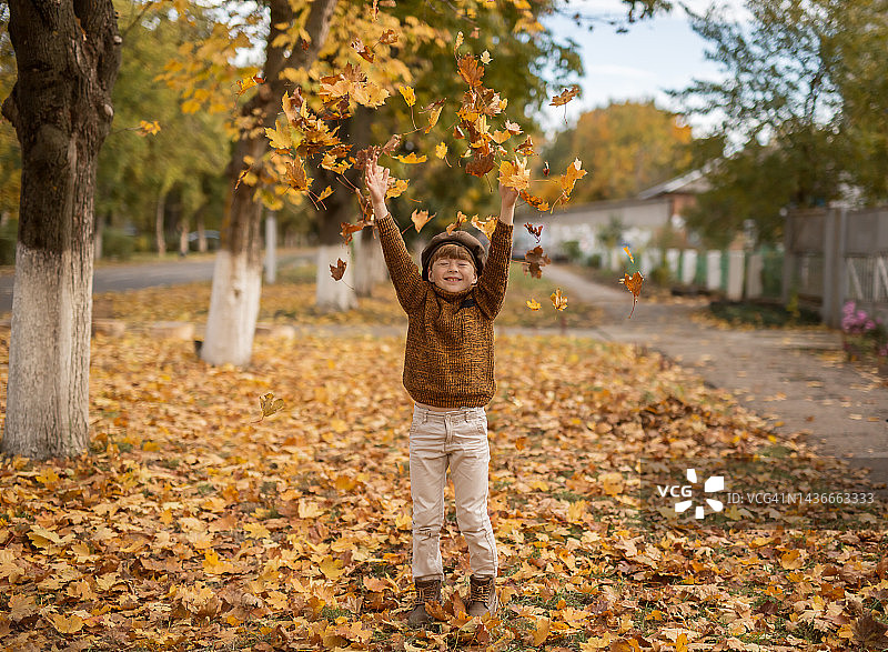 一个男孩在秋天的公园里扔树叶。图片素材