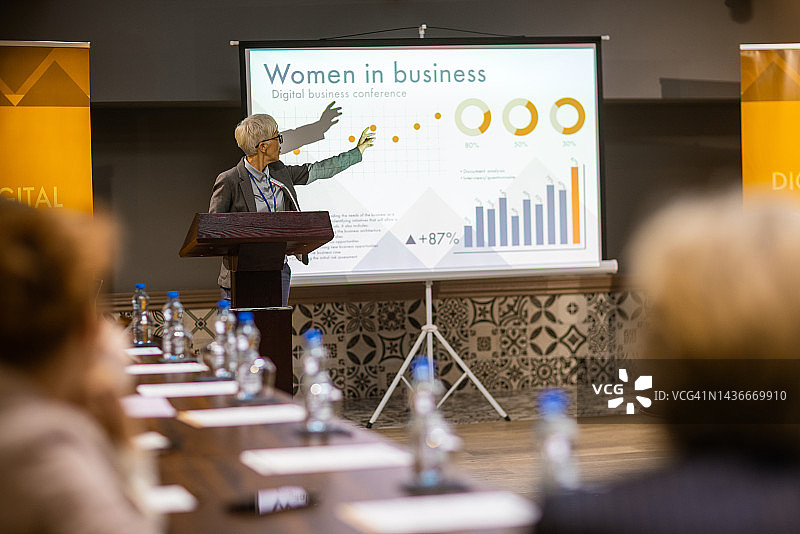 成功的女商人在商业会议上发言图片素材
