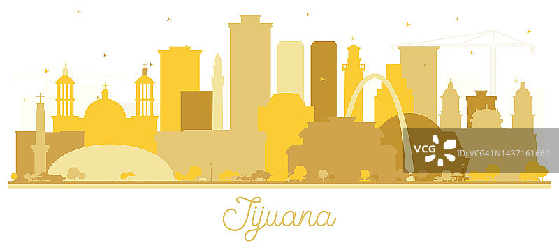 提华纳墨西哥城天际线剪影与金色建筑孤立在白色。图片素材