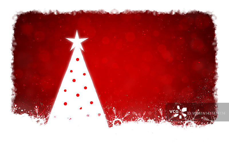 闪闪发光的圣诞水平红色背景与白色点状三角形树与星星在顶部和雪花和闪亮的点在明亮充满活力的栗色背景的底部图片素材