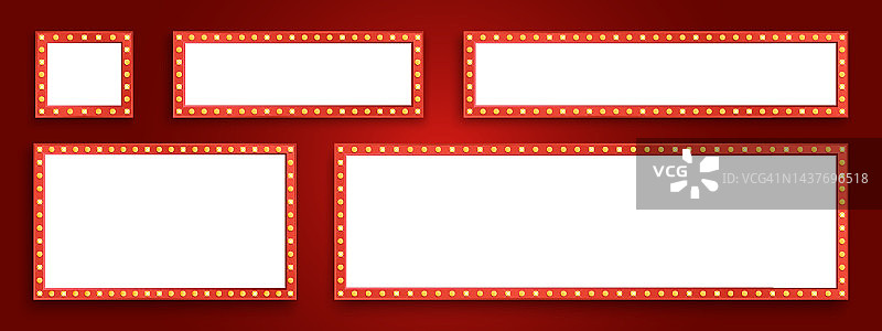 复古标志横幅集。用于电影院、酒吧、演出或餐厅的灯箱广告牌。招牌霓虹灯矩形照明灯泡图片素材