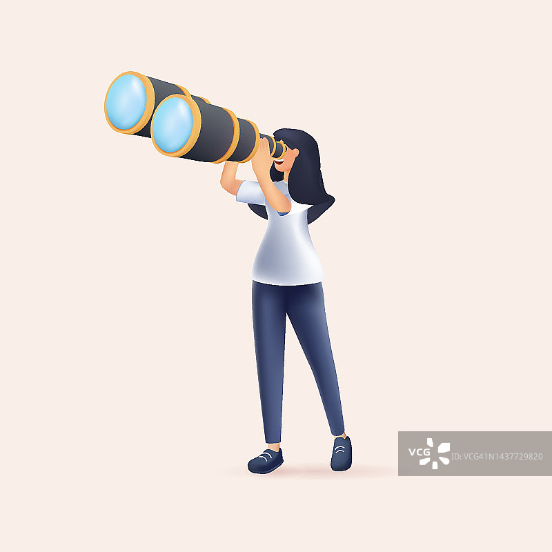 快乐的女人拿着巨大的望远镜，望着远方。三维渲染矢量插图的观察，发现图片素材