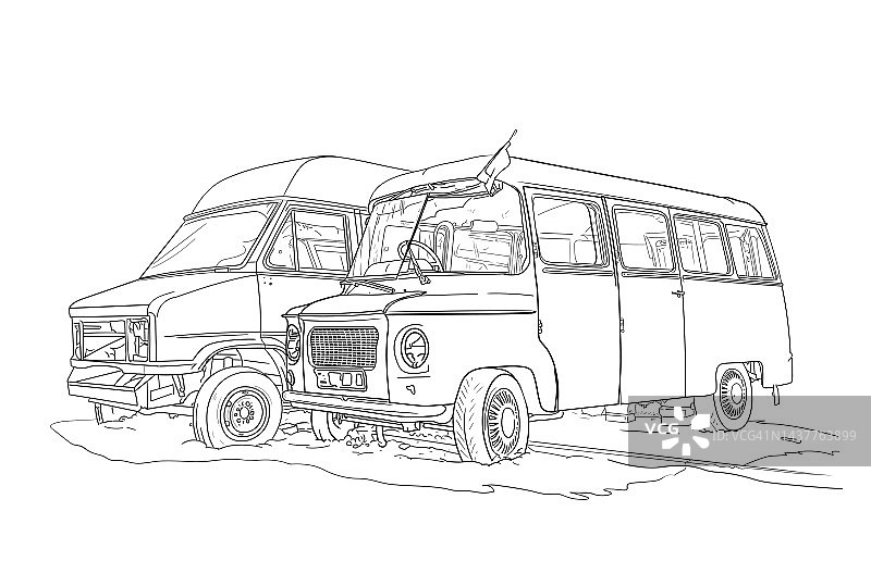 两辆旧的、生锈的、废弃的小巴停在那里，轮胎瘪了。矢量插图在白色背景上的线性风格，EPS 10。汽车垃圾场和复古车的概念。图片素材