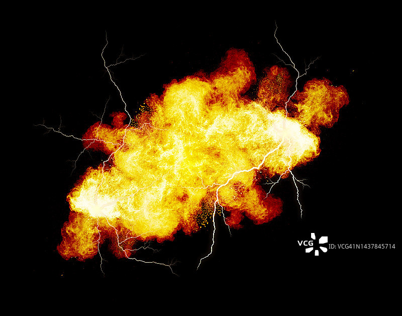 在黑色背景上，伴随着闪电的烟和火的电爆炸图片素材