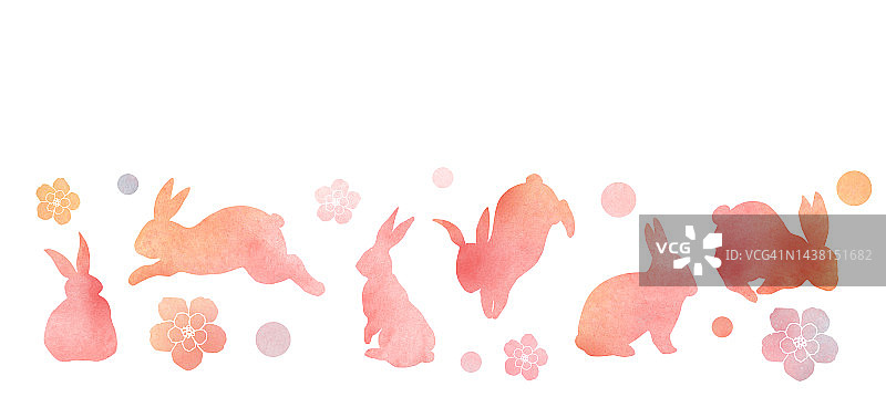 粉色水彩画各种兔子花图片素材