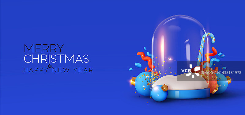 圣诞快乐，新年快乐。圣诞冬雪玻璃球，透明圆顶。逼真的3d设计圣诞拐杖糖，装饰小蓝球，空空如也的雪花。矢量图图片素材