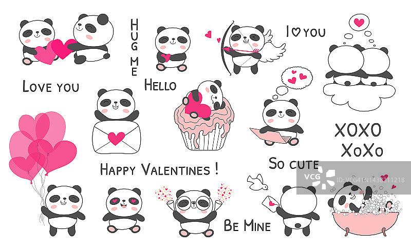 熊猫宝宝情人节套装矢量插画图片素材